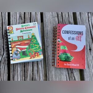 2 Handmade Repurposed Holiday Books Notebook Journal Santa & Elf Theme Books